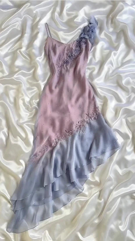 Purple Floral Fairy Homecoming Dress Spaghetti Strap Beaded Chiffon Short/Mid-Length Prom Dress Party Dress nv4344