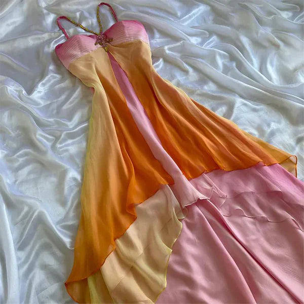 Robe de soirée longue en mousseline de soie à bretelles spaghetti colorées, robe de bal nv4342