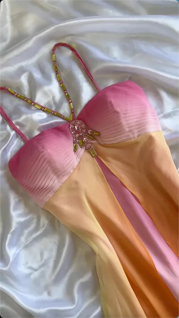Robe de soirée longue en mousseline de soie à bretelles spaghetti colorées, robe de bal nv4342