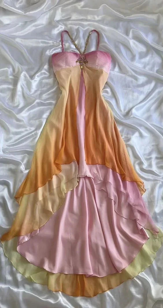 Robe de soirée longue en mousseline de soie à bretelles spaghetti colorées, robe de bal nv4342