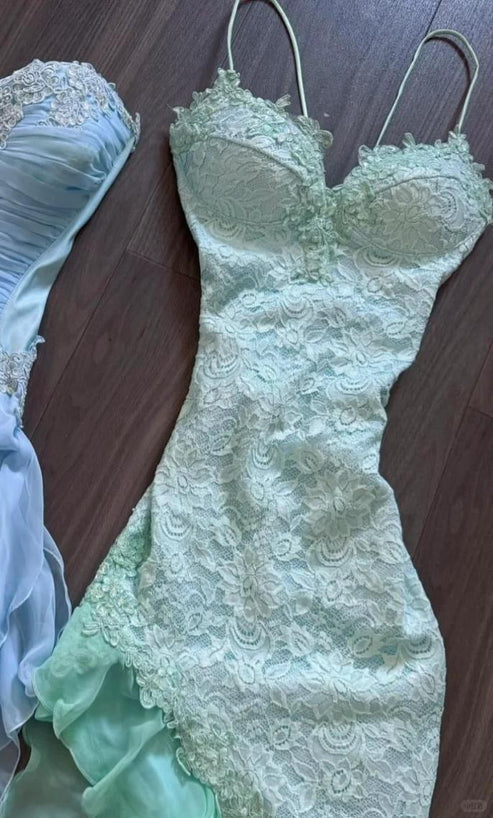 Mintgrün Süßes Spaghettiträger Kurzes Chiffon Homecoming Kleid Spitze Partykleid nv4270
