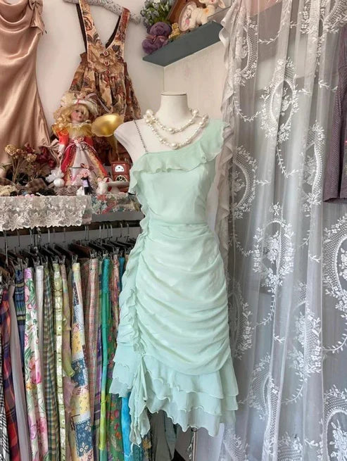 Mintgrünes Homecoming-Kleid, süßes Chiffon-Rüschen-Kurz-Partykleid, nv4302