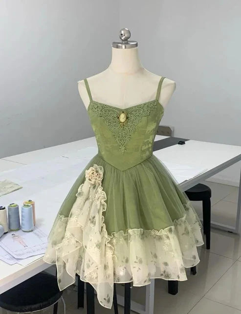 Grün/Burgunderrotes Homecoming-Kleid mit Spaghettiträgern, A-Linie, kurz, Tüll, Ballkleid, nv4265