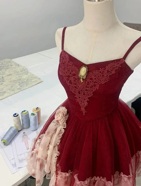 Grün/Burgunderrotes Homecoming-Kleid mit Spaghettiträgern, A-Linie, kurz, Tüll, Ballkleid, nv4265