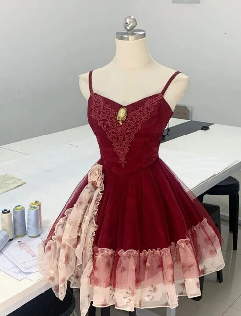 Grün/Burgunderrotes Homecoming-Kleid mit Spaghettiträgern, A-Linie, kurz, Tüll, Ballkleid, nv4265