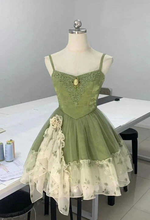 Grün/Burgunderrotes Homecoming-Kleid mit Spaghettiträgern, A-Linie, kurz, Tüll, Ballkleid, nv4265