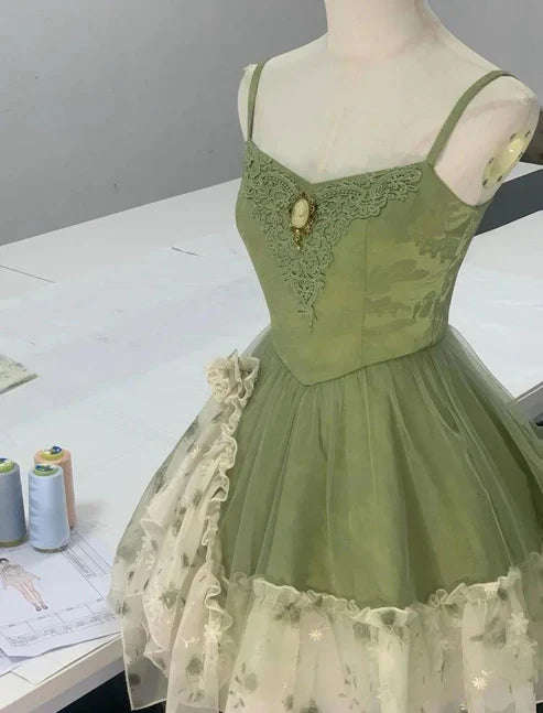 Grün/Burgunderrotes Homecoming-Kleid mit Spaghettiträgern, A-Linie, kurz, Tüll, Ballkleid, nv4265