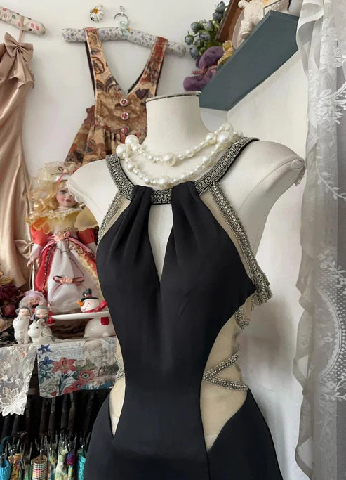 Black Evening Gown Sexy Long Backless Satin Ball Gown nv4301