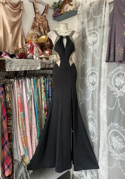 Black Evening Gown Sexy Long Backless Satin Ball Gown nv4301
