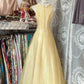 Yellow Evening Gown Round Neck A-Line Tulle Long Prom Gown Party Dress nv4297