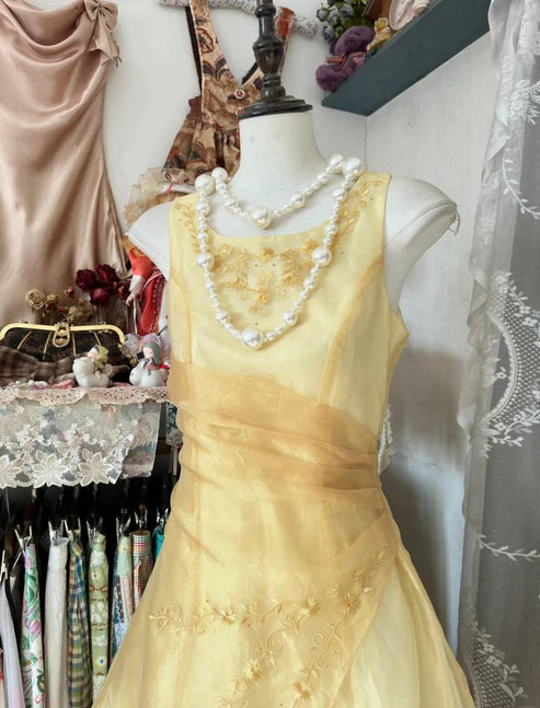 Yellow Evening Gown Round Neck A-Line Tulle Long Prom Gown Party Dress nv4297
