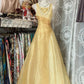 Yellow Evening Gown Round Neck A-Line Tulle Long Prom Gown Party Dress nv4297