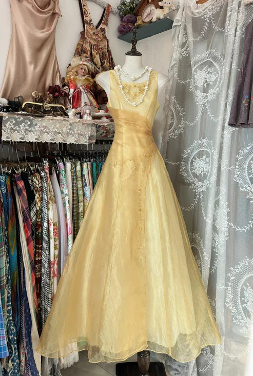 Yellow Evening Gown Round Neck A-Line Tulle Long Prom Gown Party Dress nv4297