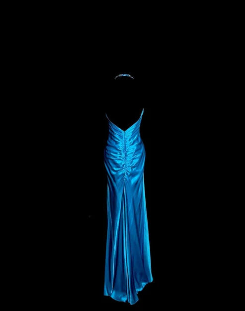 Robe de soirée longue en satin bleu à dos nu et perles, robe de remise de diplôme nv4402