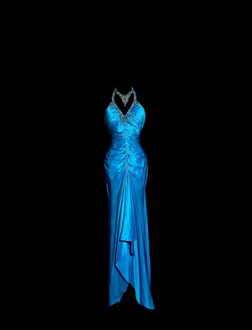 Robe de soirée longue en satin bleu à dos nu et perles, robe de remise de diplôme nv4402