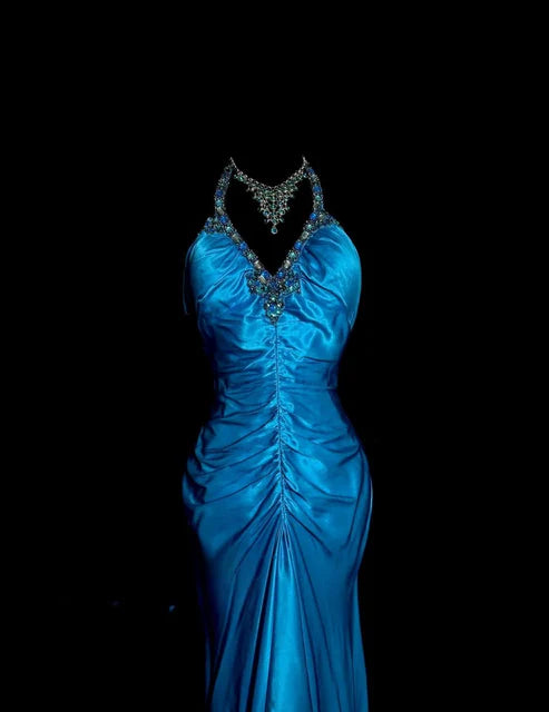 Robe de soirée longue en satin bleu à dos nu et perles, robe de remise de diplôme nv4402