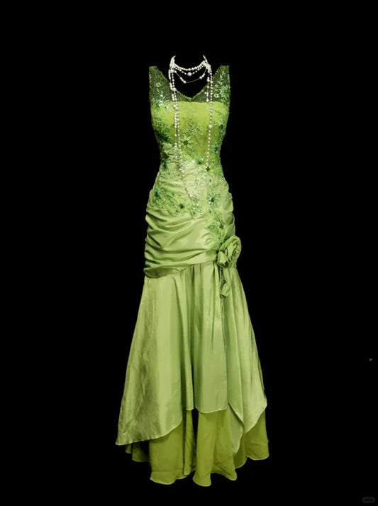 Green floral beaded backless long satin ball gown evening gown graduation dress nv4401