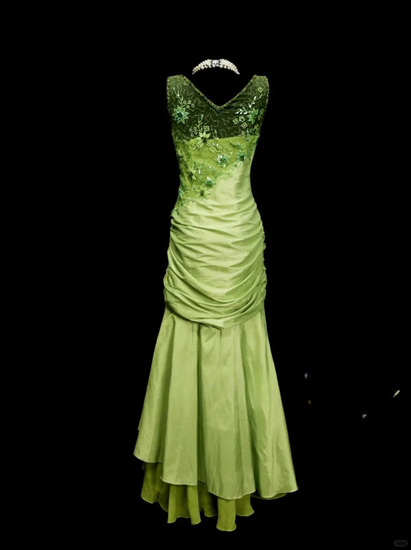 Green floral beaded backless long satin ball gown evening gown graduation dress nv4401