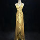 Gelbes, perlenbesetztes langes Vintage-Satin-Ballkleid, Abendkleid, Abschlusskleid, nv4399