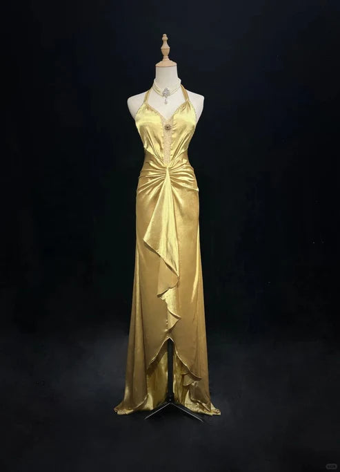 Gelbes, perlenbesetztes langes Vintage-Satin-Ballkleid, Abendkleid, Abschlusskleid, nv4399