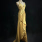 Gelbes, perlenbesetztes langes Vintage-Satin-Ballkleid, Abendkleid, Abschlusskleid, nv4399