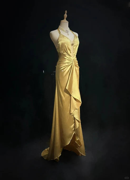 Gelbes, perlenbesetztes langes Vintage-Satin-Ballkleid, Abendkleid, Abschlusskleid, nv4399