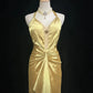 Gelbes, perlenbesetztes langes Vintage-Satin-Ballkleid, Abendkleid, Abschlusskleid, nv4399
