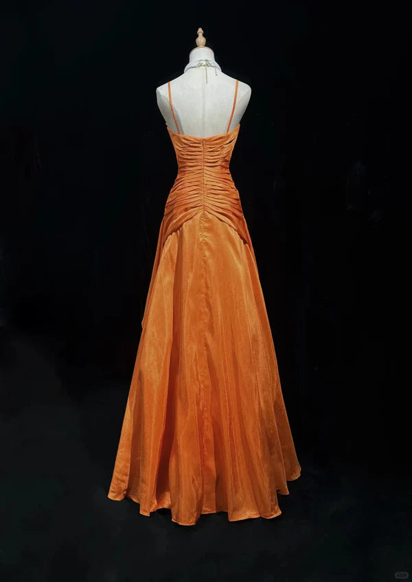 Orange Beaded Long Vintage Satin Prom Gown Evening Gown Graduation Dress nv4398