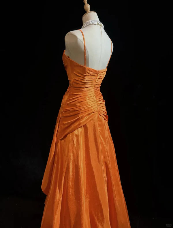 Orange Beaded Long Vintage Satin Prom Gown Evening Gown Graduation Dress nv4398