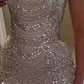 Silbernes, wunderschönes, luxuriöses, atemberaubendes, figurbetontes, kurzes Ballkleid mit Perlenbesatz, Heimkehrkleid, Geburtstagskleid, nv4795