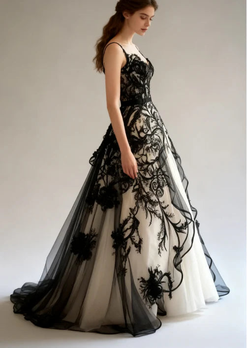 NiceVestidos-Schwarz-Weiß Paneel-Spitzen-Tüll Ärmelloses bodenlanges Gothic-Kleid NV6201