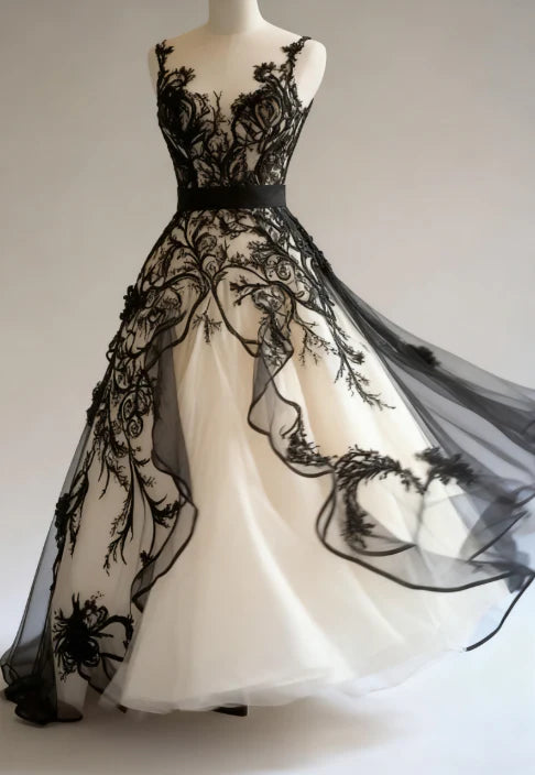 NiceVestidos-Schwarz-Weiß Paneel-Spitzen-Tüll Ärmelloses bodenlanges Gothic-Kleid NV6201
