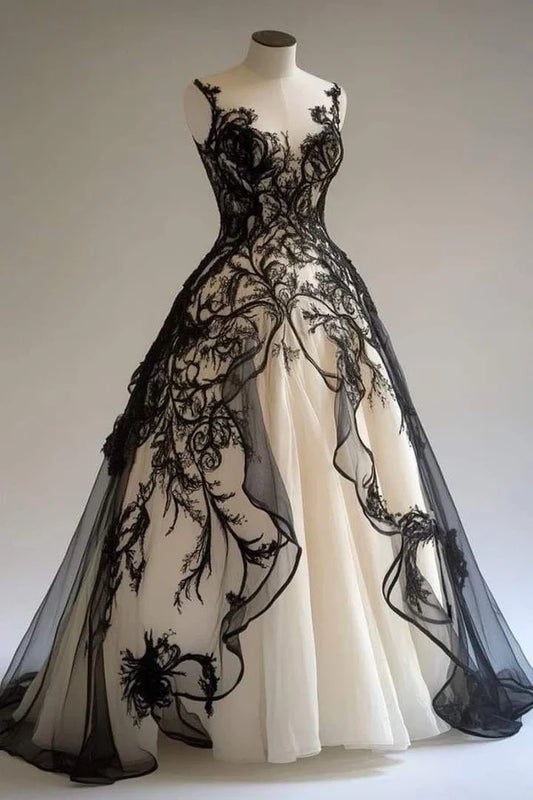 NiceVestidos-Schwarz-Weiß Paneel-Spitzen-Tüll Ärmelloses bodenlanges Gothic-Kleid NV6201