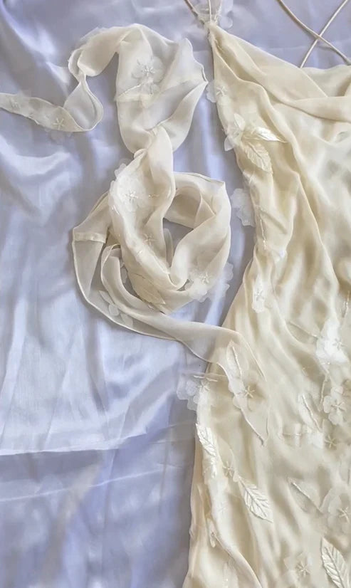 Robe de soirée longue en mousseline de soie, élégante, jaune clair, à bretelles florales, nv3519