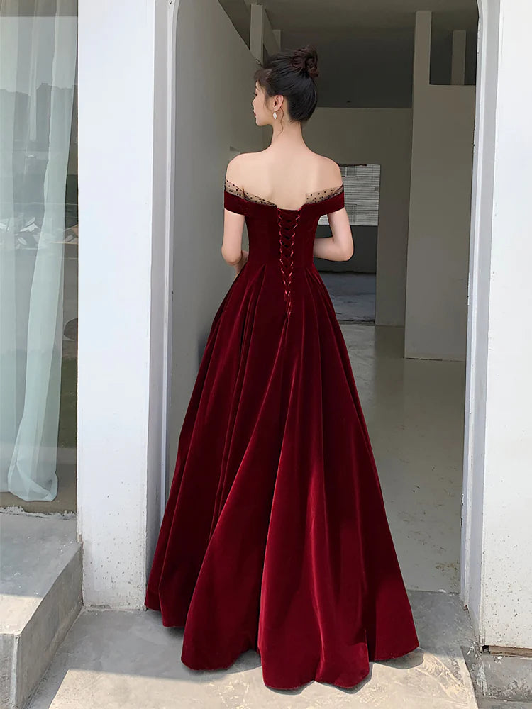 Elegantes burgunderfarbenes A-Linien-Partykleid aus Samt mit Schleife und bodenlangem Rock, tiefrotes Abendkleid, Ballkleid nv1792