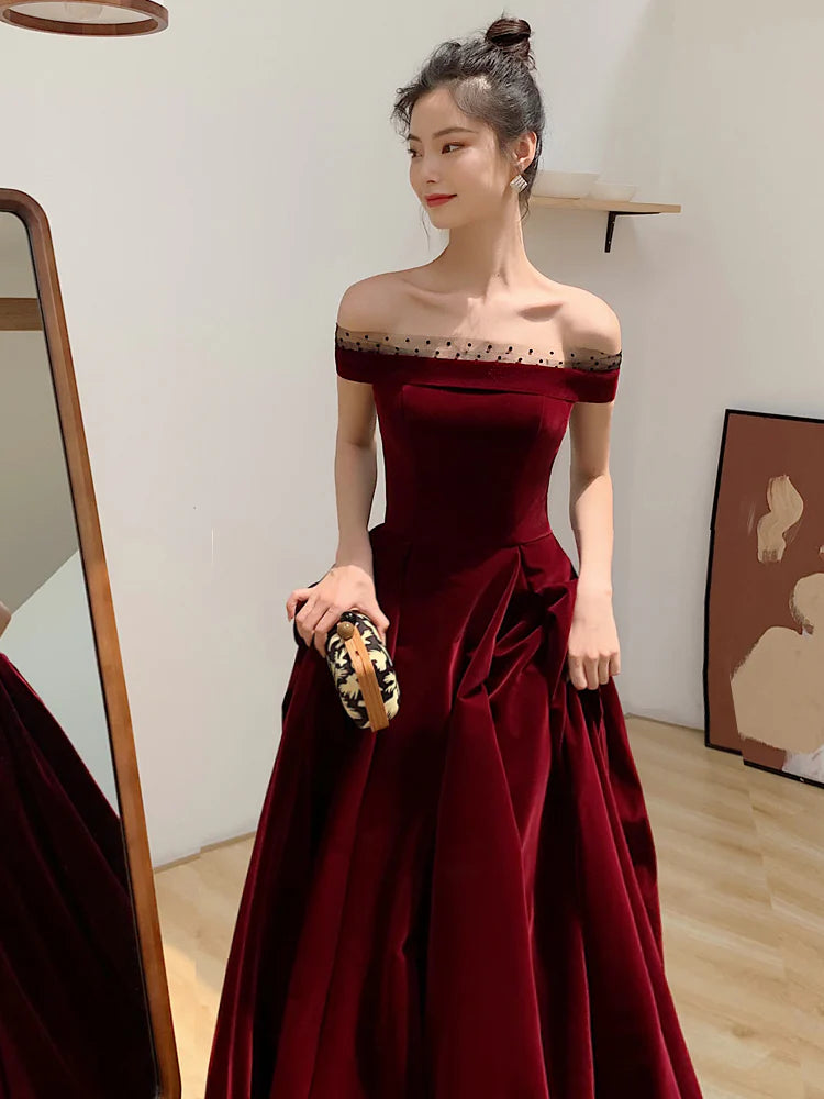 Elegantes burgunderfarbenes A-Linien-Partykleid aus Samt mit Schleife und bodenlangem Rock, tiefrotes Abendkleid, Ballkleid nv1792