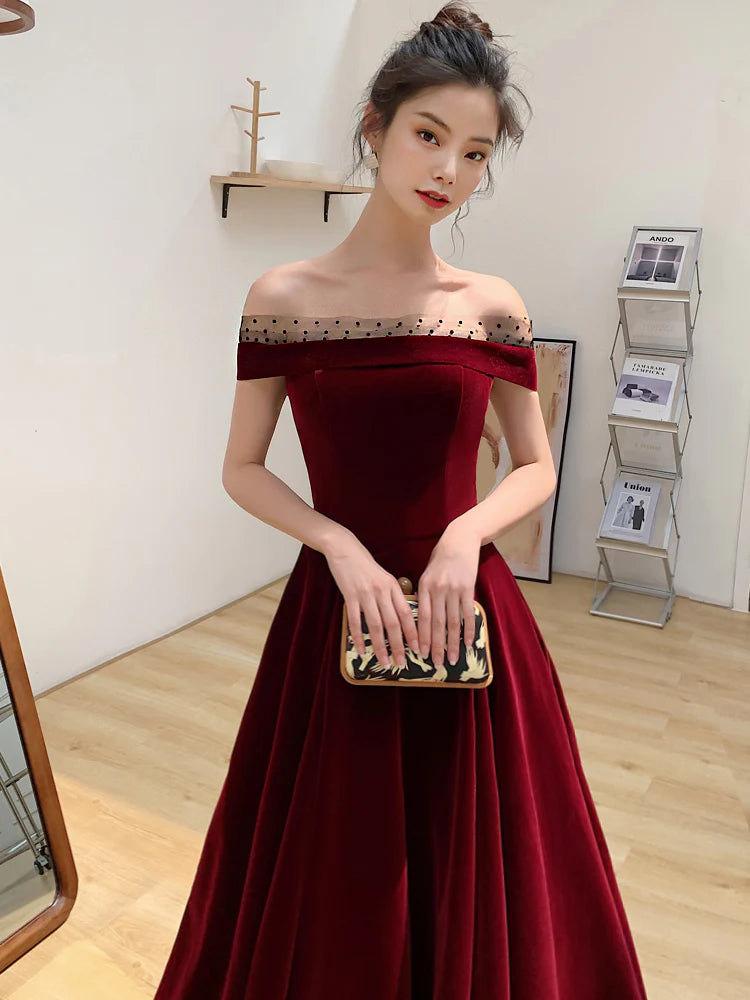 Elegantes burgunderfarbenes A-Linien-Partykleid aus Samt mit Schleife und bodenlangem Rock, tiefrotes Abendkleid, Ballkleid nv1792