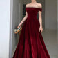 Elegantes burgunderfarbenes A-Linien-Partykleid aus Samt mit Schleife und bodenlangem Rock, tiefrotes Abendkleid, Ballkleid nv1792