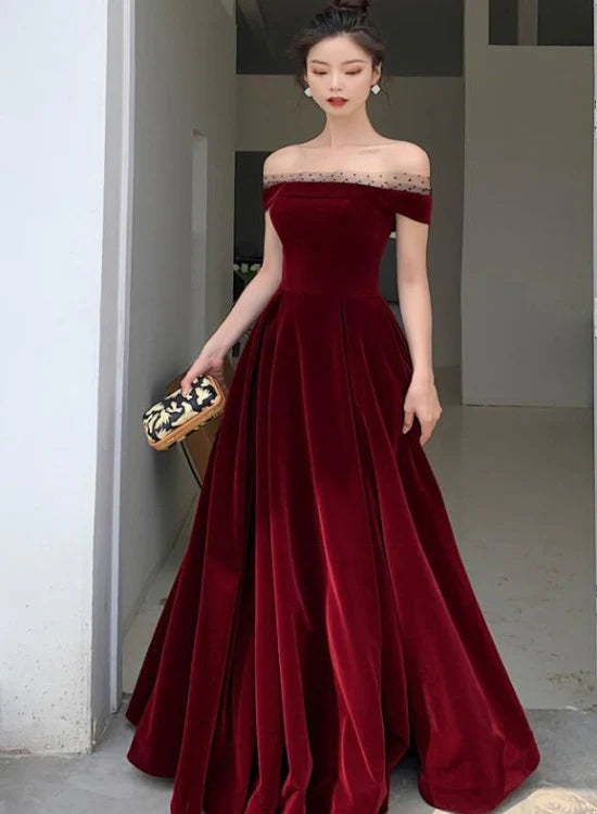 Elegantes burgunderfarbenes A-Linien-Partykleid aus Samt mit Schleife und bodenlangem Rock, tiefrotes Abendkleid, Ballkleid nv1792