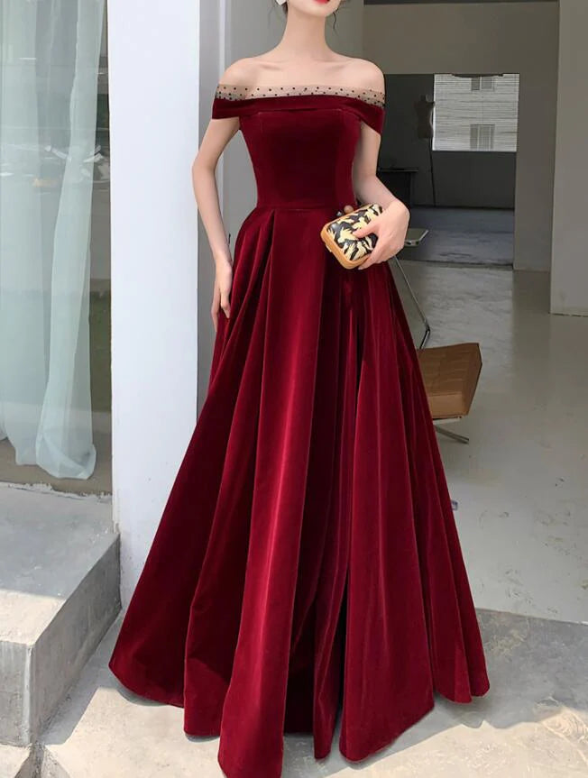 Elegantes burgunderfarbenes A-Linien-Partykleid aus Samt mit Schleife und bodenlangem Rock, tiefrotes Abendkleid, Ballkleid nv1792