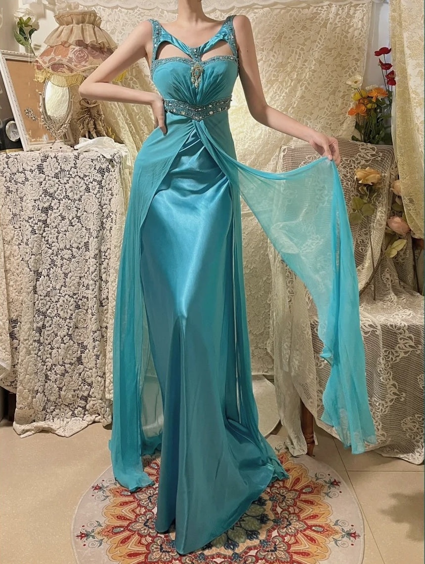 Blaues, perlenbesetztes, langes Satin-Meerjungfrauen-Ballkleid, Abendkleid, Partykleid nv4320