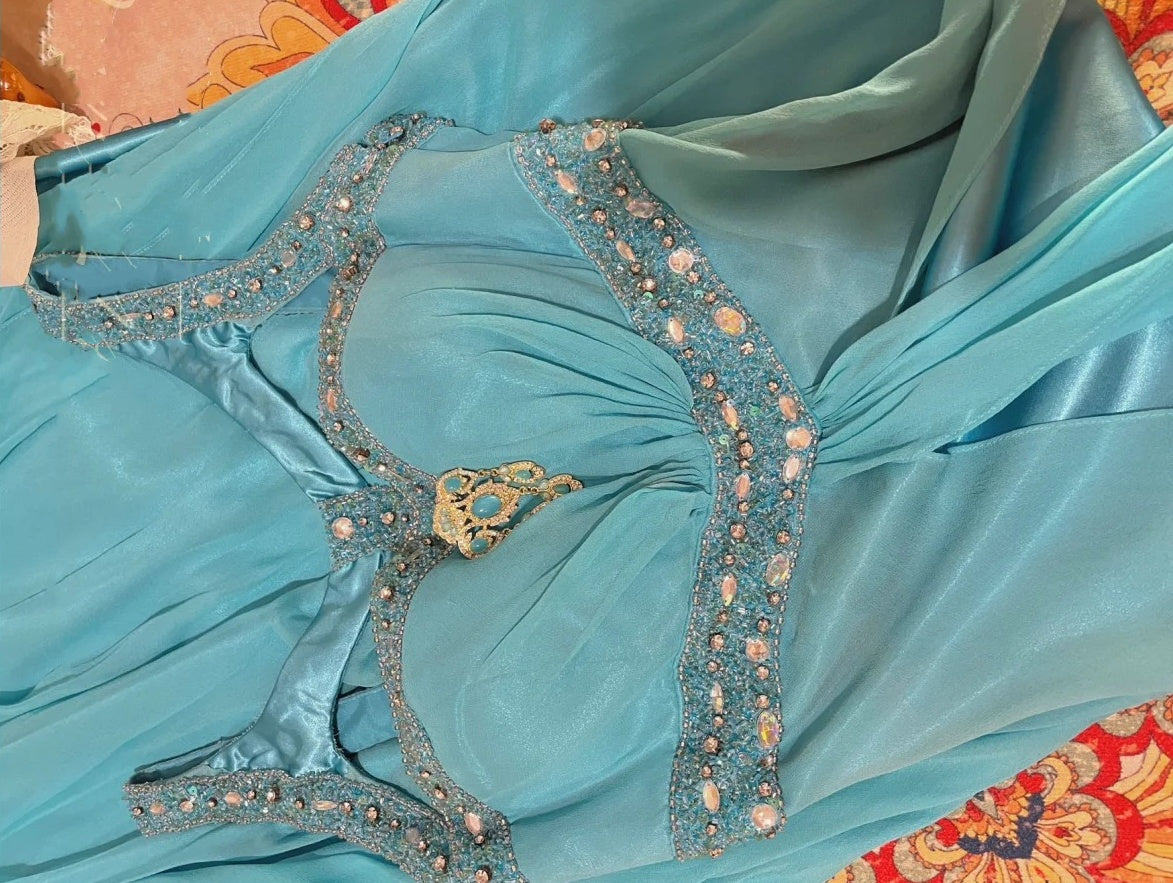 Blaues, perlenbesetztes, langes Satin-Meerjungfrauen-Ballkleid, Abendkleid, Partykleid nv4320
