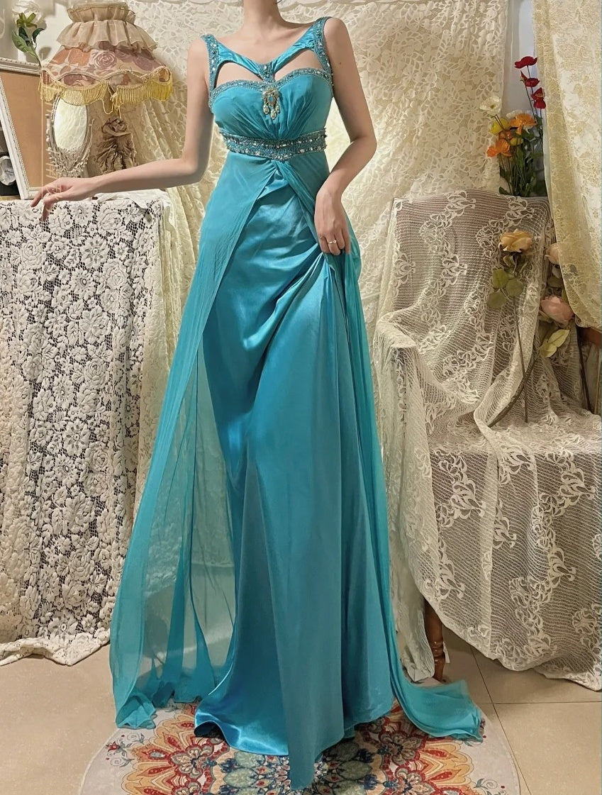 Blaues, perlenbesetztes, langes Satin-Meerjungfrauen-Ballkleid, Abendkleid, Partykleid nv4320