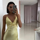 Yellow Fashion Elegant Satin Backless Long Spaghetti Straps Evening Gown Prom Dress nv1667
