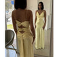 Yellow Fashion Elegant Satin Backless Long Spaghetti Straps Evening Gown Prom Dress nv1667