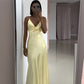 Yellow Fashion Elegant Satin Backless Long Spaghetti Straps Evening Gown Prom Dress nv1667