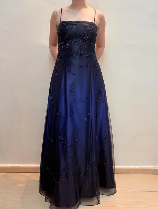 NiceVestidos - Robe de bal longue en tulle perlé bleu foncé/gris foncé, motif floral, robe de fée NV5777