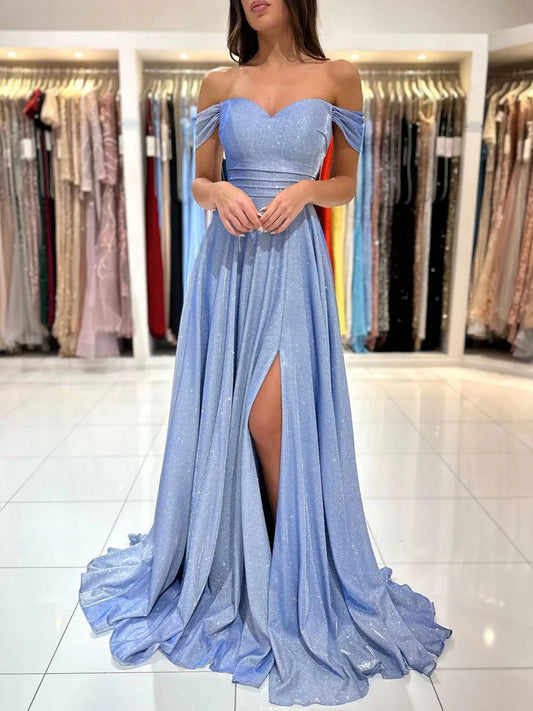 A-Linie, herzförmiger Ausschnitt, schulterfrei, langes blaues Ballkleid, blaues formelles Abendkleid nv1524