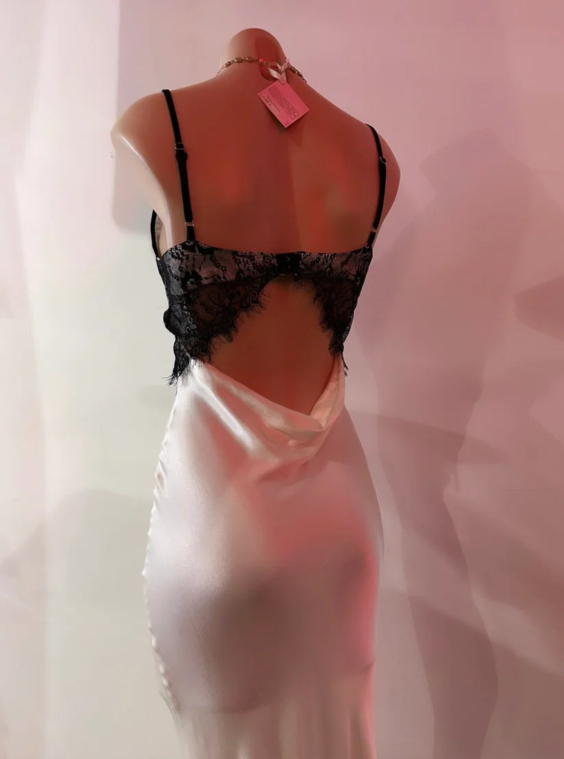 Superbe robe de soirée longue en satin noir et dentelle, dos nu, couleur crème, robe d'accompagnement nv4106