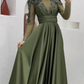 Green Vintage Elegant Beaded Long Satin Long Sleeve Tulle Ball Gown Evening Dress nv2977